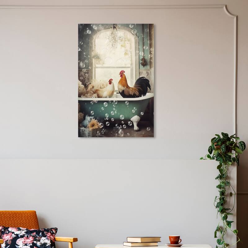 Wynwood Studio Canvas Animals Bubble Bath Coop White and Teal Traditional Wall Art Canvas Print - White, Blue - 30 x 20
