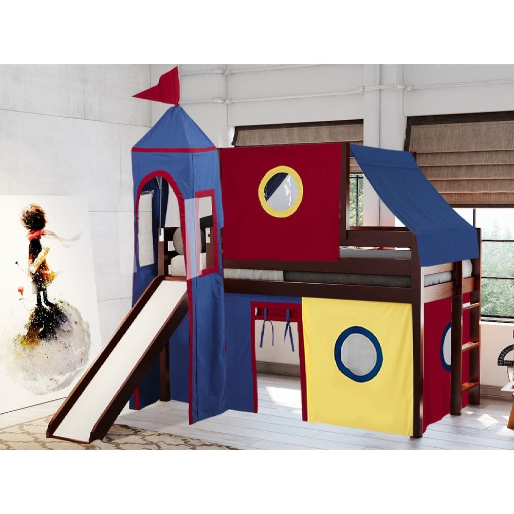 JACKPOT Prince & Princess Low Loft Twin Bed, Ladder Slide Tent & Tower