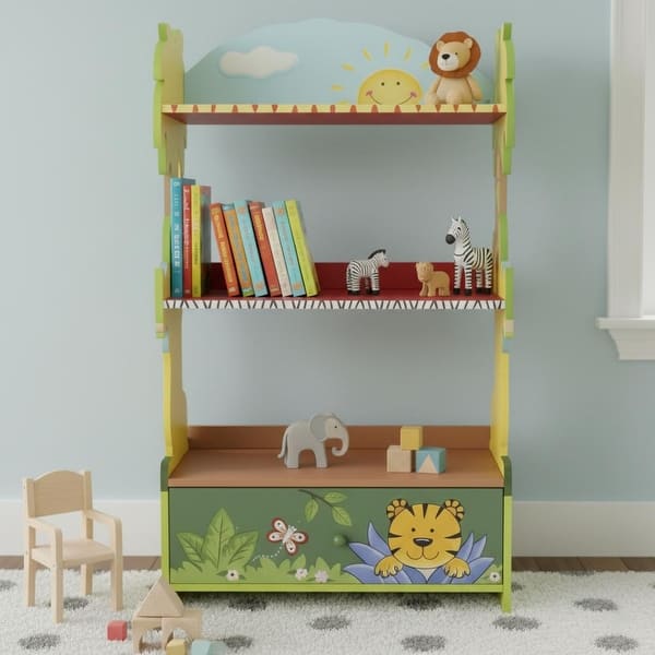 slide 2 of 13, Fantasy Fields Sunny Safari Kids 3-Tier Bookshelf with Storage Drawer, Animal-Themed Wooden Bookcase for Toddlers and Children Blue