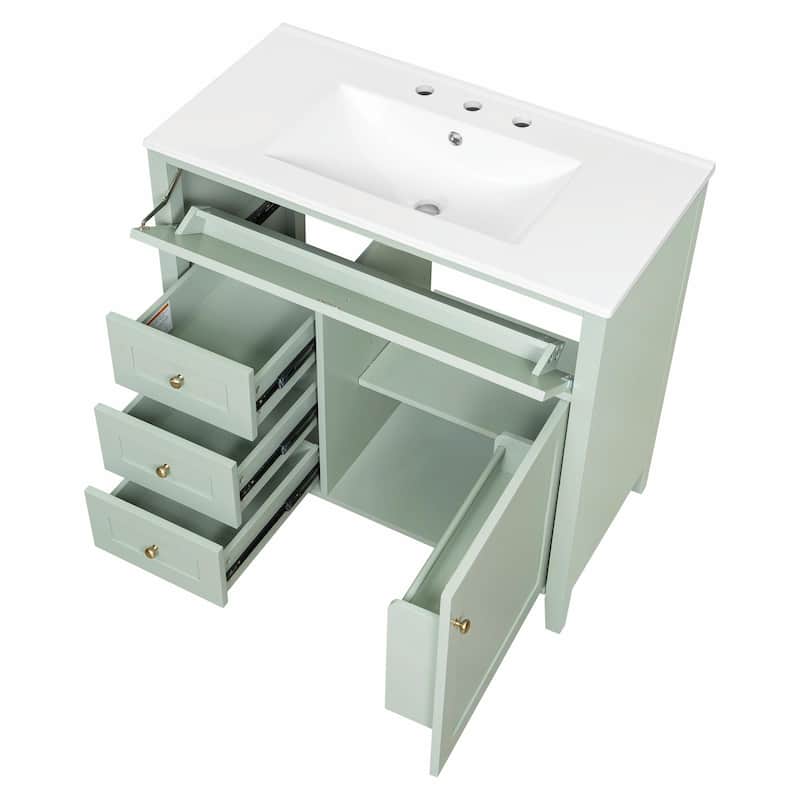 Bathroom Vanity with Sink, Modern MDF and Rubberwood Cabinet with 3 Drawers and Adjustable Shelf