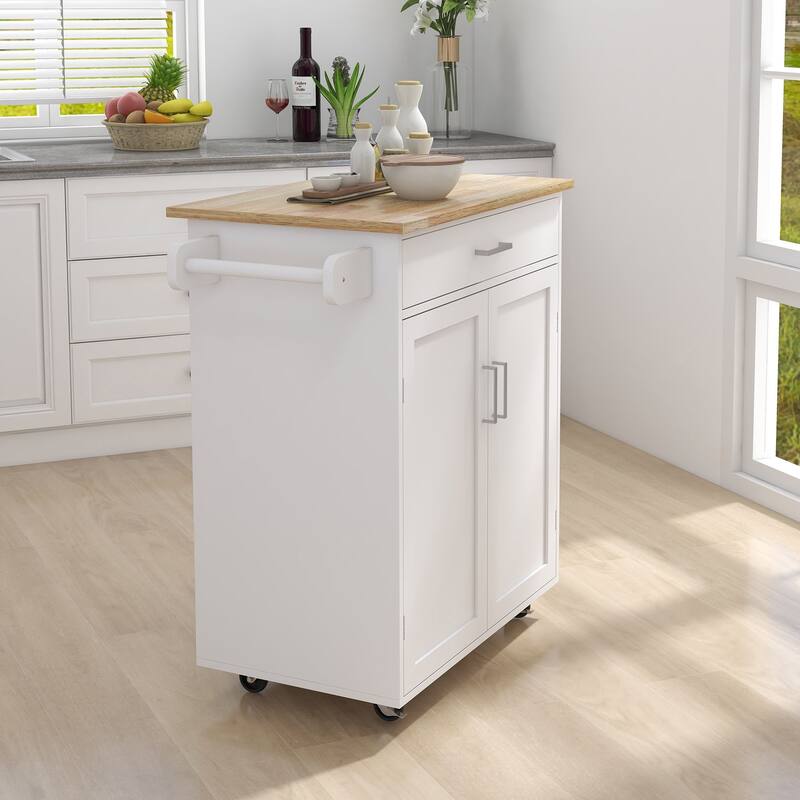 Mobile Kitchen Cart with Rubber Wood Tabletop, Adjustable Storage, and Towel & Seasoning Racks