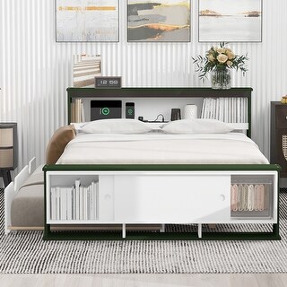 Full Platform Bed with Trundle & USB Charging, Storage Headboard and Footboard, White+Green