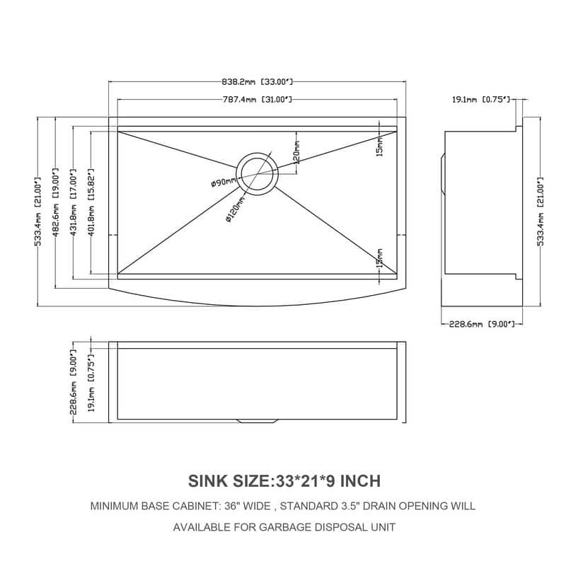 33x21 Inch Single Bowl Farmhouse Apron Front Kitchen Sink