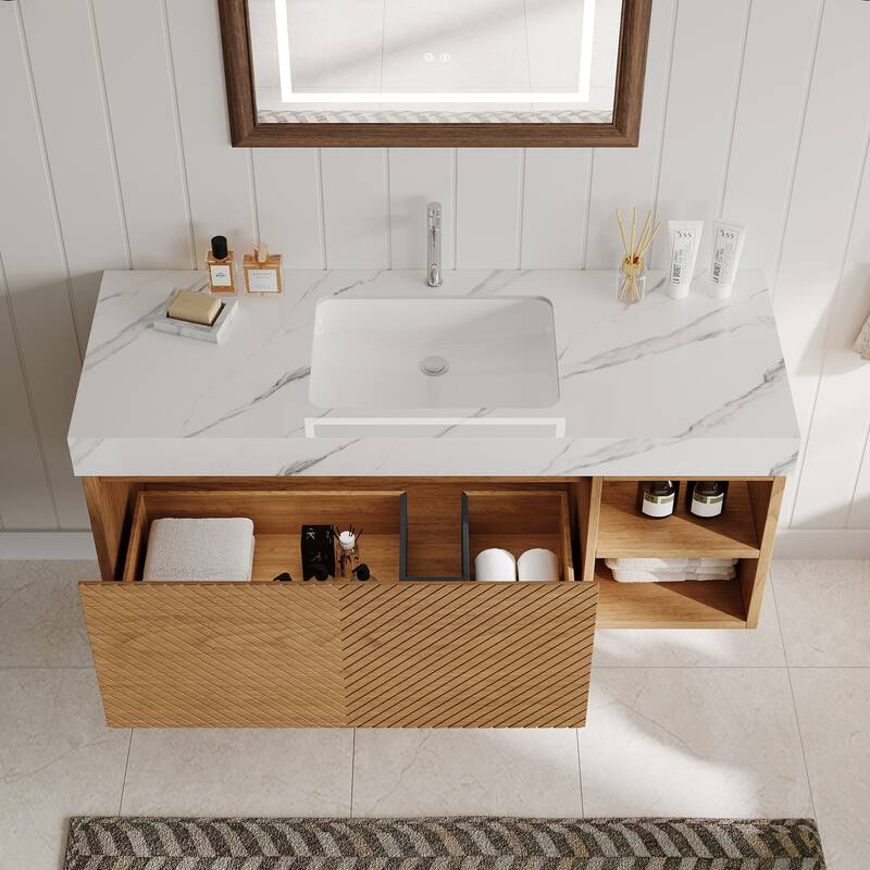 48" Modern Floating Single Bathroom Vanities, Solid Wood, Brown or natural wood, 2 Drawers