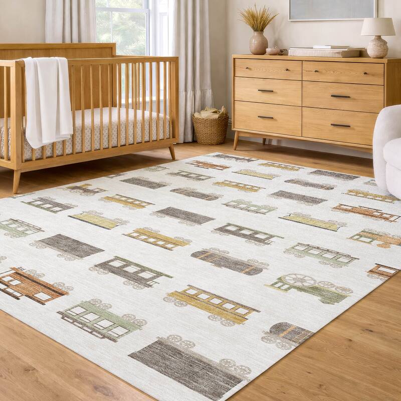 Machine Washable Indoor/ Outdoor Modern Train Chantille Rug