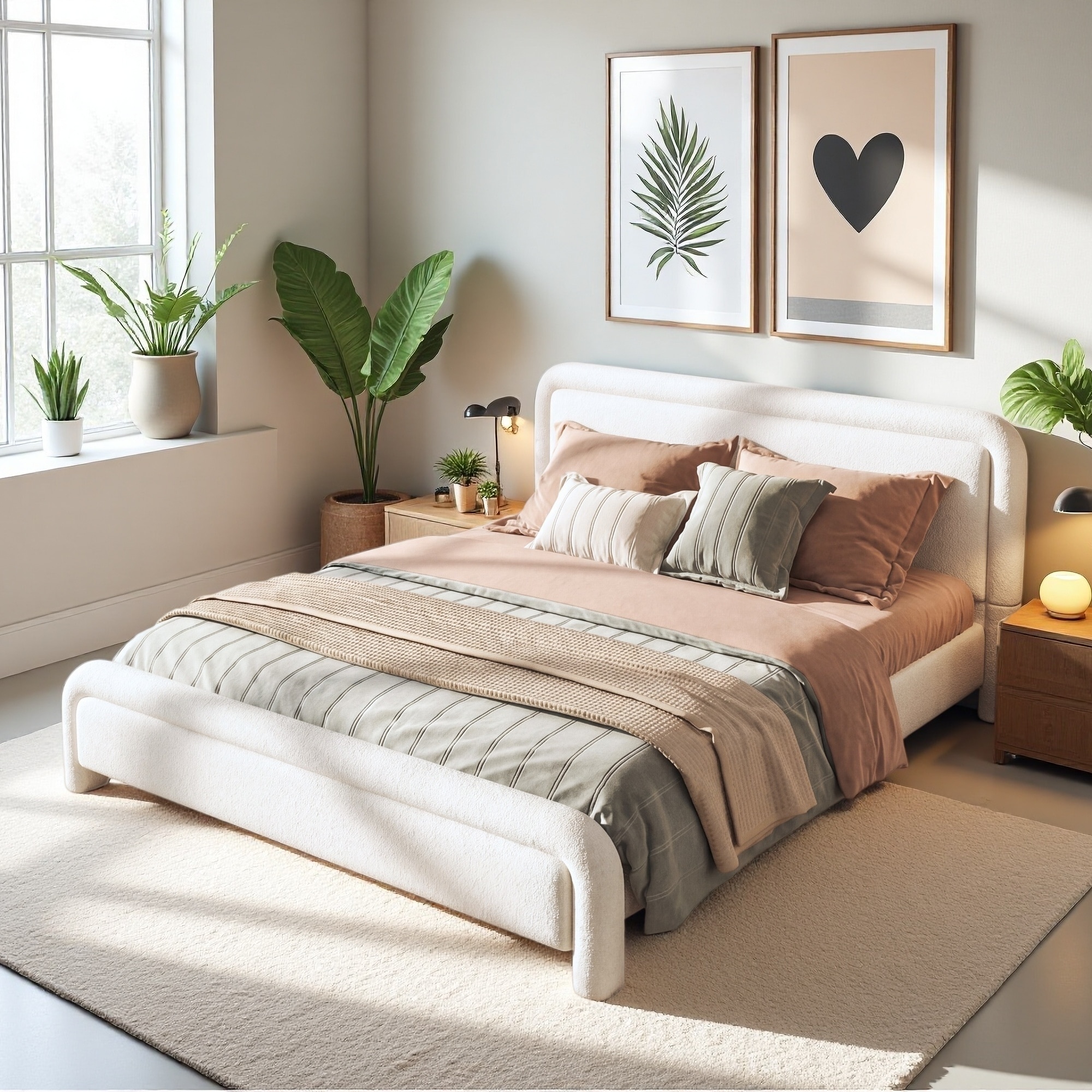 Upholstered Platform Bed with Curved Headboard and No Box Spring Needed