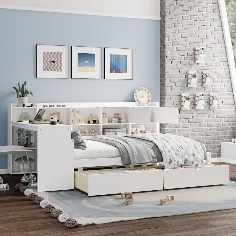 Full Size L-Shape Daybed with 9 Storage Units & Adjustable Desk (400lb Capacity)