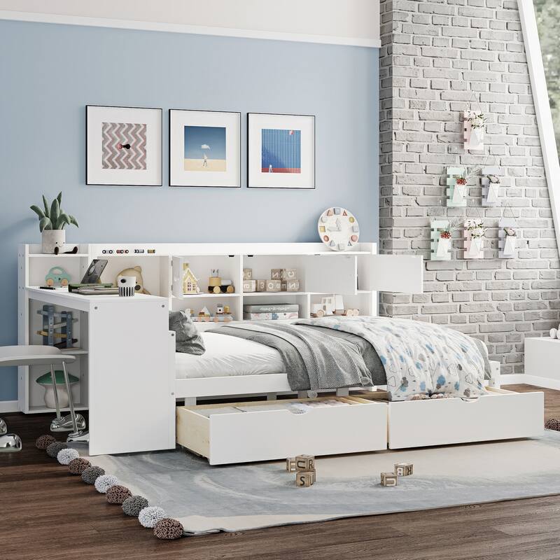 Twin/Full Size Wooden L-Shape Daybed with Cabinets and Drawers, Multi-functional Bed Frame with Desk and Bookshelf