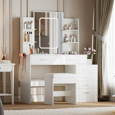 Makeup Vanity with Mirror, 6 Drawers, Shelves, Charging Ports, Hairdryer Holder, Stool