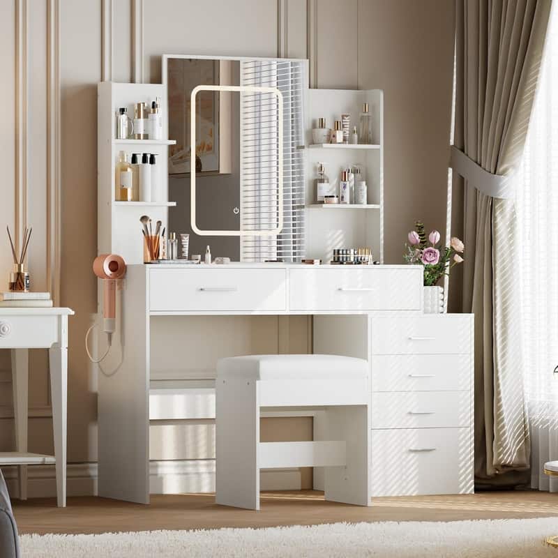 Makeup Vanity with Mirror, 6 Drawers, Shelves, Charging Ports, Hairdryer Holder, Stool