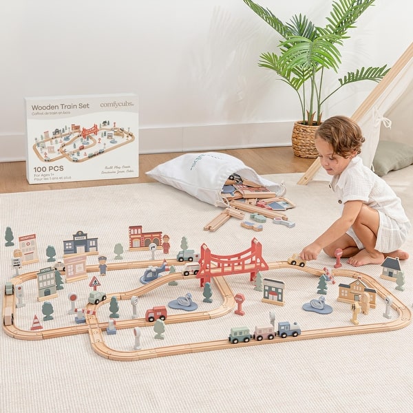 slide 2 of 8, 100-pc Wooden Train Set for Toddlers Ages 1+ by Comfy Cubs - 100 Pieces