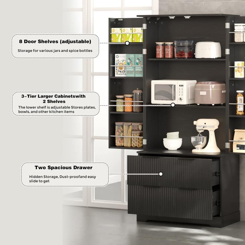 Farmhouse Pantry Cabinet with 2 Drawers & 8-Door Spice Rack – Freestanding Storage for Kitchen, Dining Room, or Office.