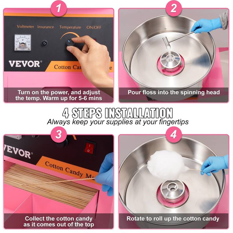 Electric Cotton Candy Machine with Cart, 1000W Commercial Floss Maker with Stainless Steel Bowl