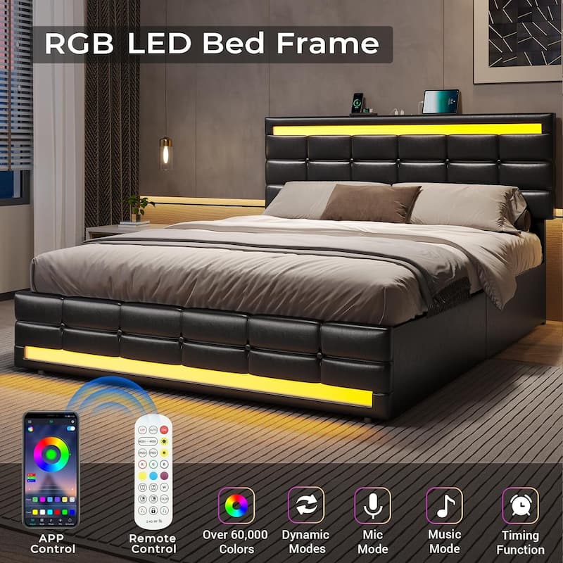 LED Bed Frame Platform Bed 2 USB Ports 4 Storage Drawers