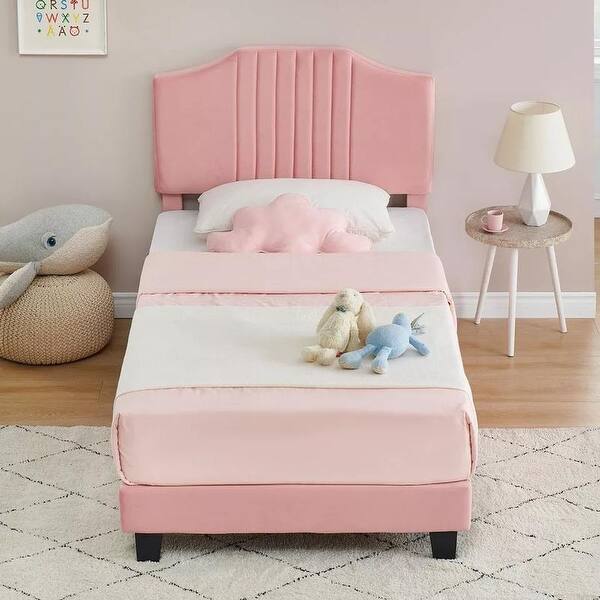 slide 2 of 13, Twin Size Upholstered Bed Frame with Headboard,Heavy Duty Wooden Platform for Kids Pink