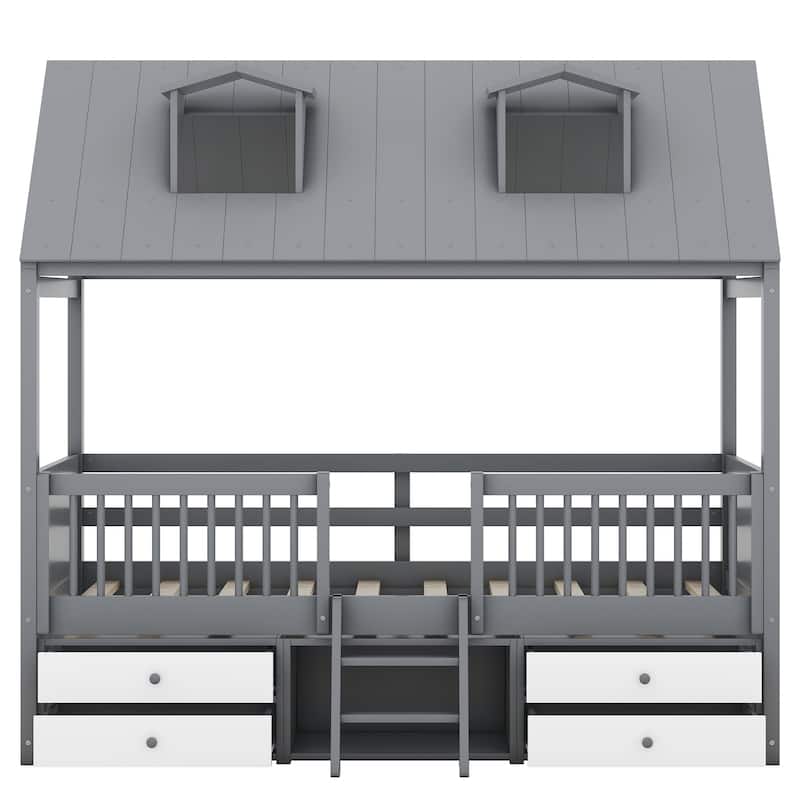 Twin Size Wooden House Bed with Fence and Roof for Kids