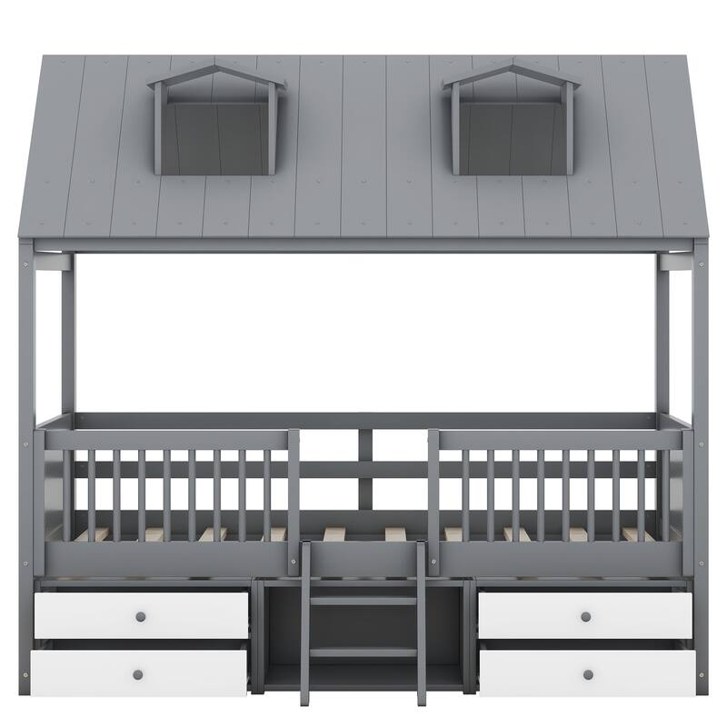 Twin Size Wooden House Bed with Roof Skylights, Ladder, 4 Drawers, Shelves, Fence and Solid Wood Frame, for Kids Ages 6+