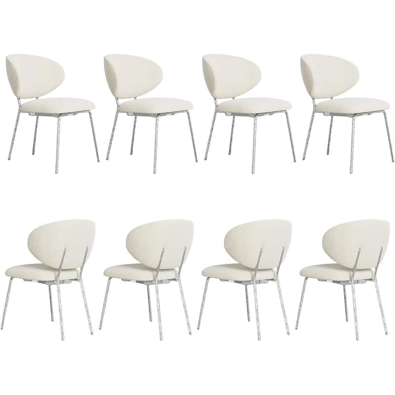 White Velvet Dining Chairs with Hammered Finish Metal Legs - Silver - Set of 8