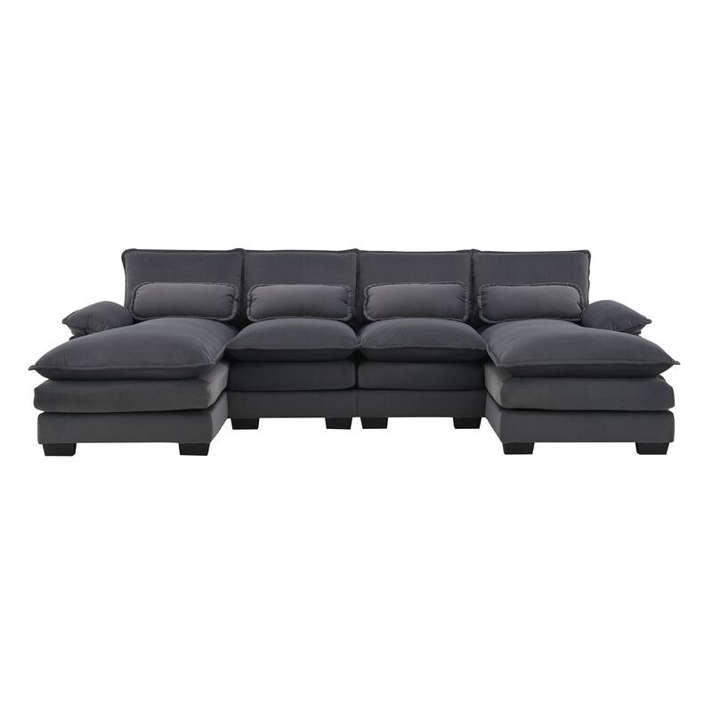 Modular U-shaped Sectional Sofa with 4 Waist Pillows, 6-Seat Upholstered Sofa with Chaise Lounge, Oversized Velvet Cloud Sofa