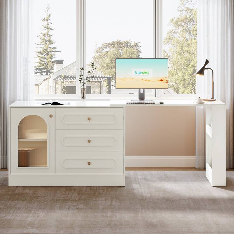 Modern 360° Rotatable Computer Desk, Executive Desk with 3 Drawers