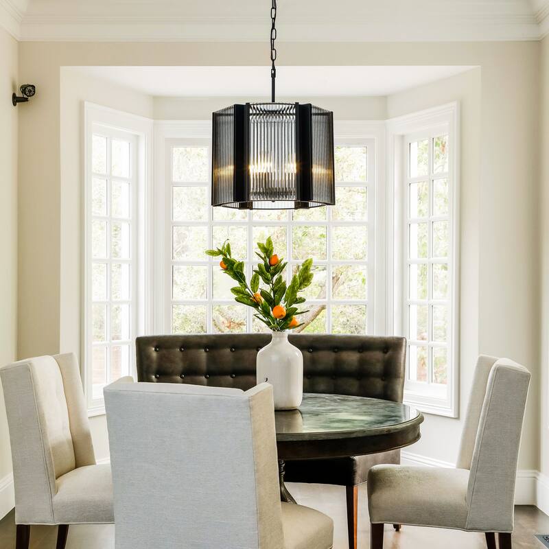 6Light Black Contemporary And Modern Wrought Iron Round Lantern Drum Chandelier With Clear