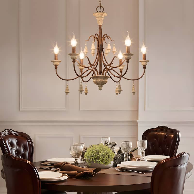 Farmhouse 6-Light Wood Chandelier French Country Candle Ceiling Light for Dining Room - D 26.5" x H 22.5"