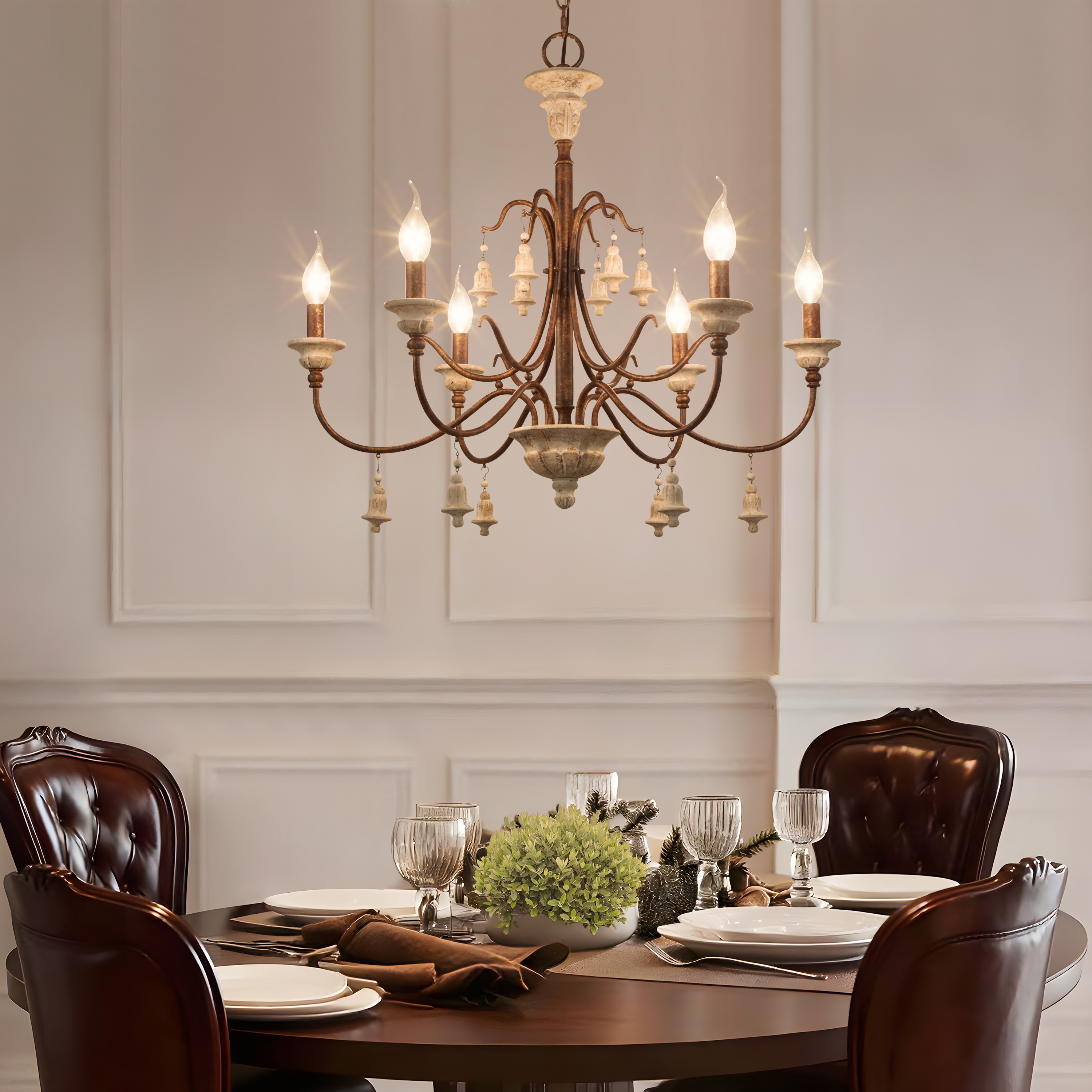 LALUZ Farmhouse 6-Light Wood Chandelier French Country Candle Ceiling Light for Dining Room - D 26.5" x H 22.5"