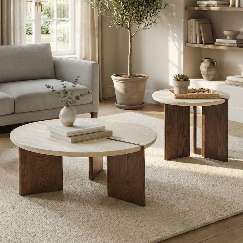 Furniture of America Elrik Modern Genuine Travertine Top 2-Piece Round Coffee Table Set - Brown