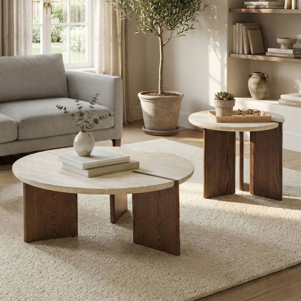 Furniture of America Elrik Modern Genuine Travertine Top 2-Piece Round Coffee Table Set