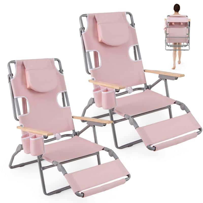 Costway 1/2 PCS 3-IN-1 Foldable Beach Chair with Face Hole, Footrest, - Beige-2 PCS