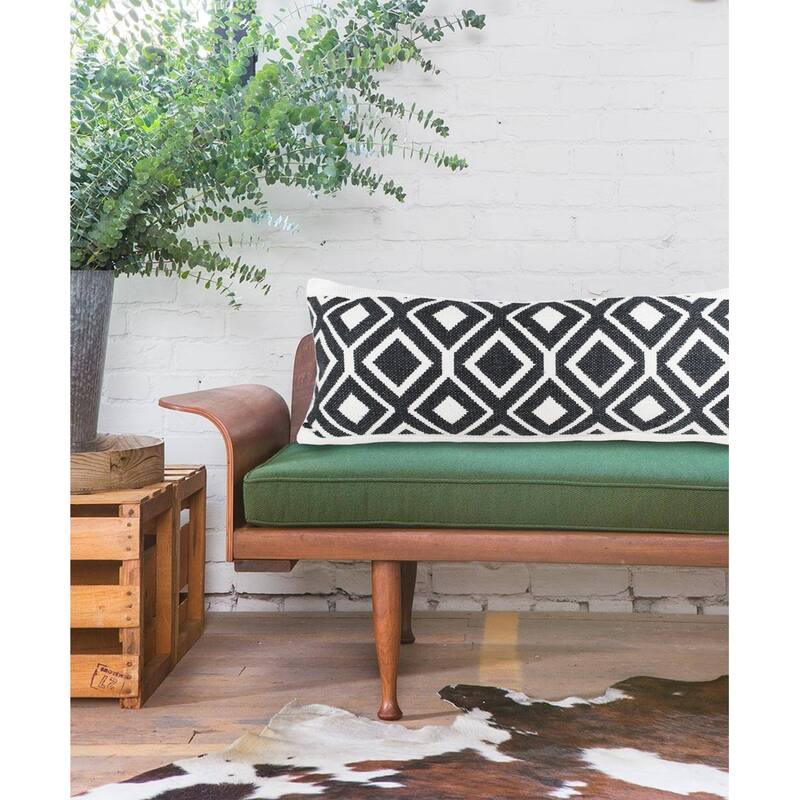HomeRoots 14" X 36" Deep Navy And White 100% Cotton Geometric Zippered Pillow