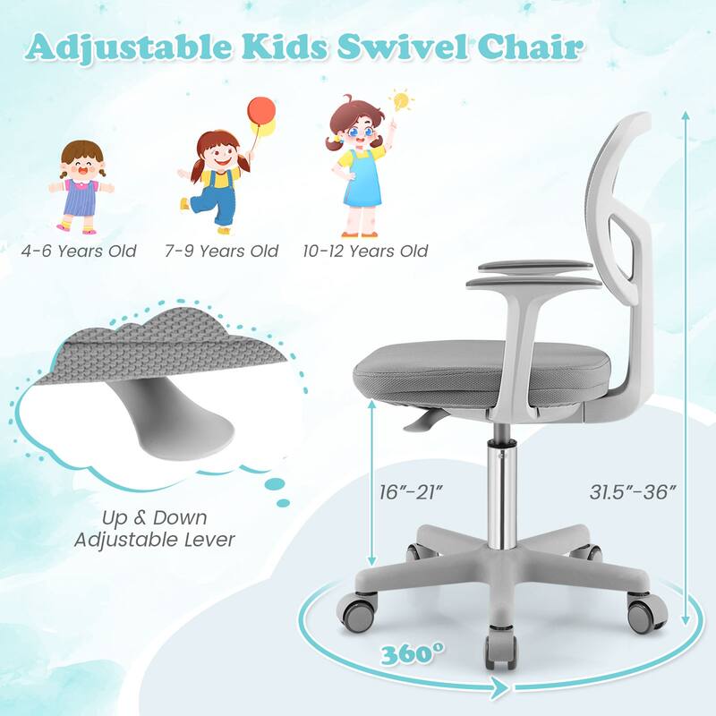 Kids Ergonomic Adjustable Height Study Chair with Swivel Seat and Mesh Backrest and Armrests