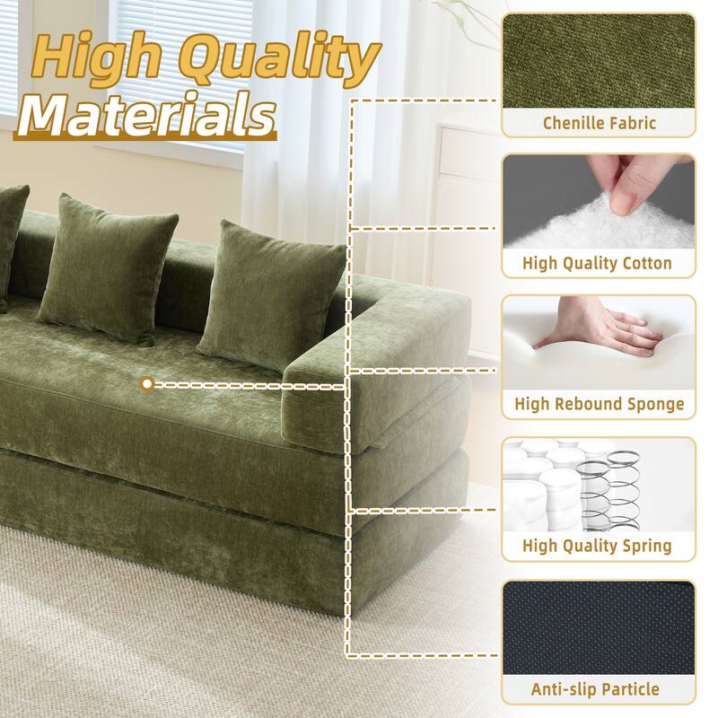 6-in-1 Folding Memory Foam Sleeper Sofa Bed Chenille Floor Chaise Lounge Couch with Side Pocket, Removable & Washable Cover