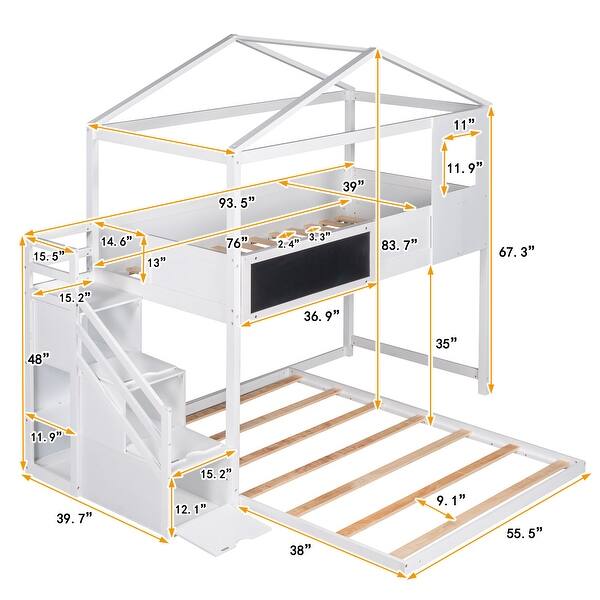 Twin Over Full House Bunk Bed with Storage Staircase and Blackboard, Wood Bunkbed Frame with Guardrail and Window for Kids Teens