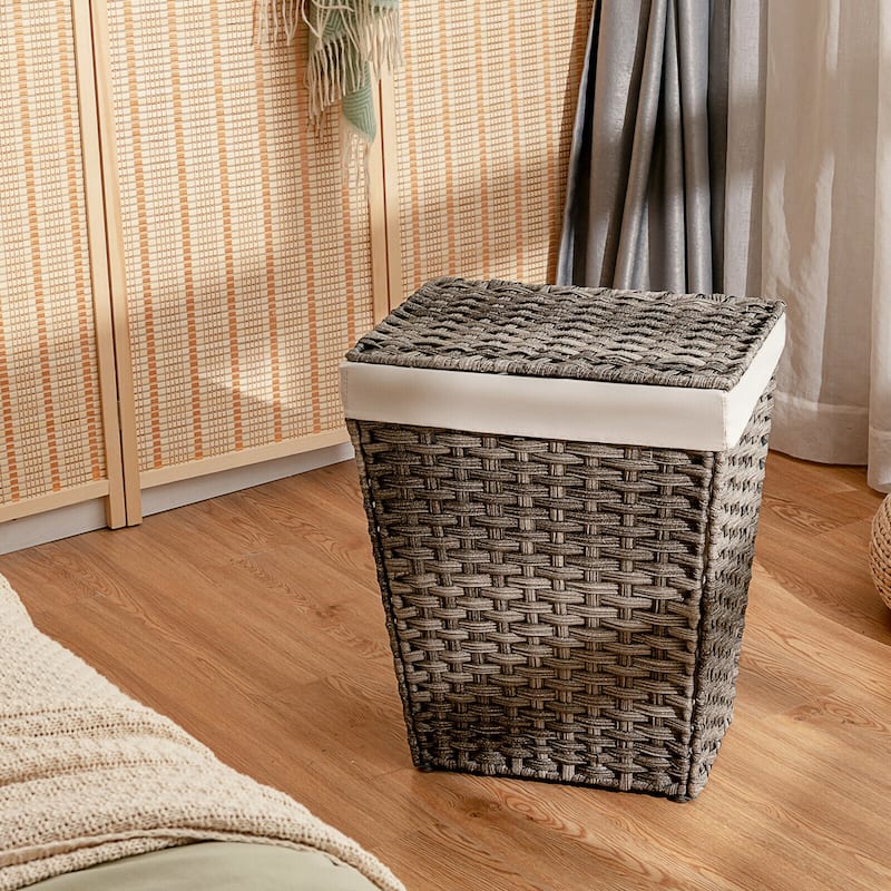 Gymax Handwoven Laundry Hamper Foldable w/Removable Liner, Lid & - 17.5'' X 12'' X 21''