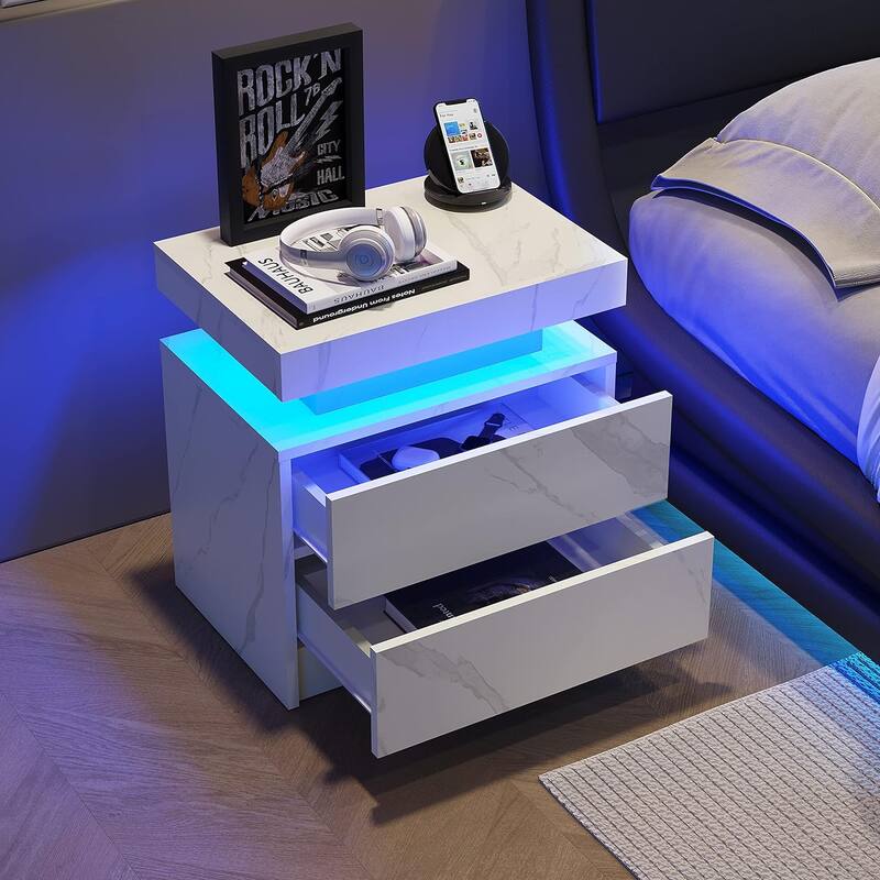 LED Nightstand with 2 Drawers for Bedroom