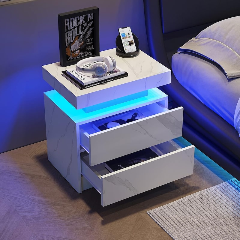 Modern Bedroom Wooden Nightstand/Bedside Table Cabinet with LED Lights and 2 Drawers