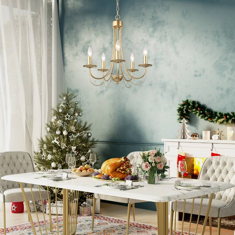 Mid-Century Modern 5-Light Gold Candle Chandelier for Dining Room - W18.5"x H23.5"