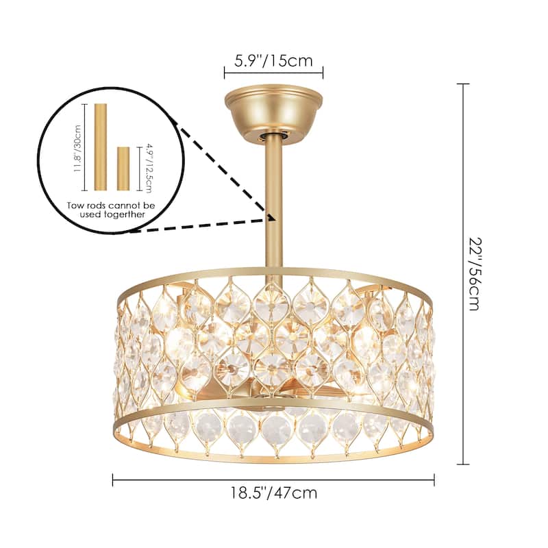 4-Light Luxury Crystal Gold Ceiling Fan Light with Remote for Living Room - 18.5 in. W x 7.9 in. H