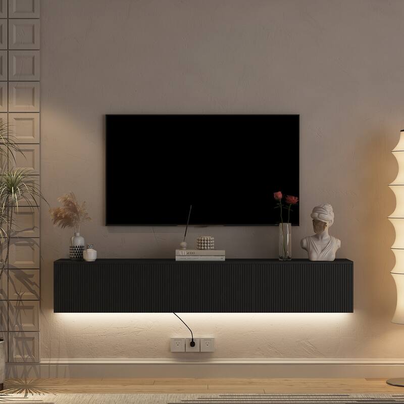 Modern Wall Mounted LED TV Stand with Power Outlet, , Floating Media Cabinet TV Console Entertainment Center for 65" TV