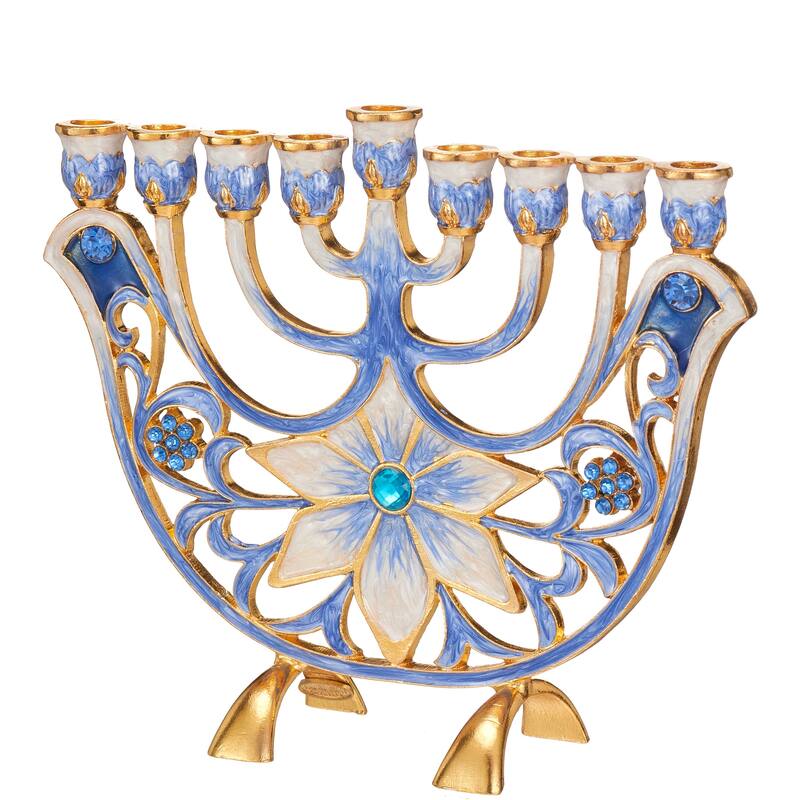Hand Painted Blue & Ivory Flower Menorah Candelabra