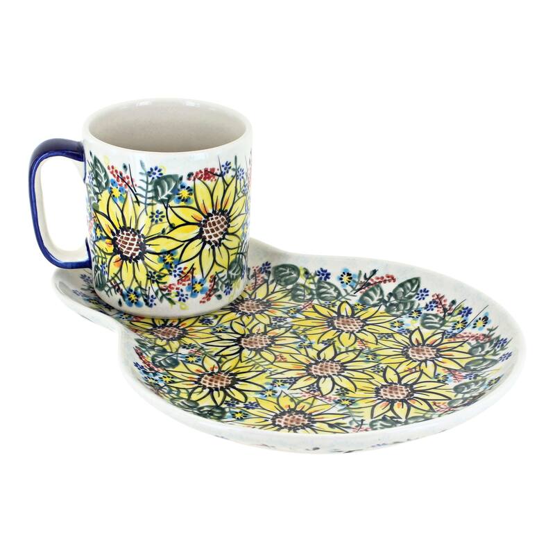 Blue Rose Polish Pottery 209-55 Vena Breakfast Plate & Mug - Sunflower Maze