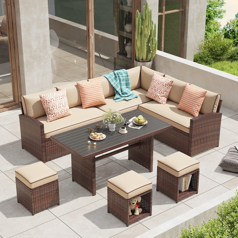 Outdoor 7-piece Wicker Dining Set Patio Sofa Furniture - Beige