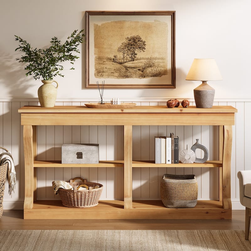 63 Inch Solid Wood Console Table for Entryway, 3-Tier Storage Shelves