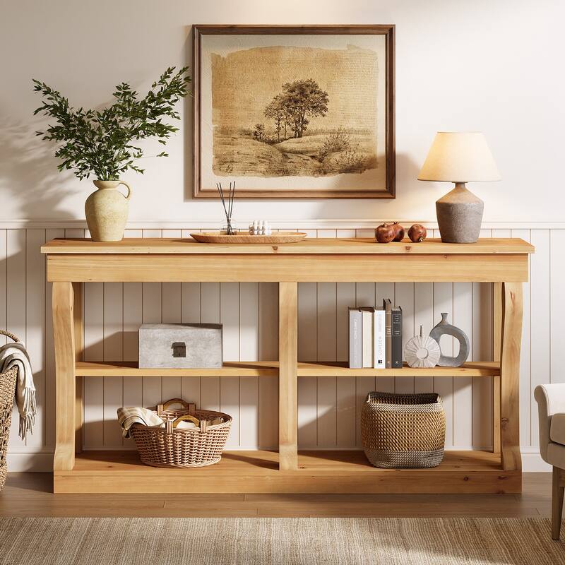 Solid Wood Entryway Console Table, 63'' 3-Tier Sofa Table Behind the Couch