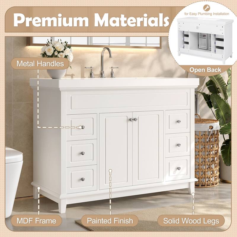 Roomfitters 48" Bathroom Vanity with Integrated Resin Sink, 6 Soft-Close Drawers and Double Doors with 2-Tier Shelving, White