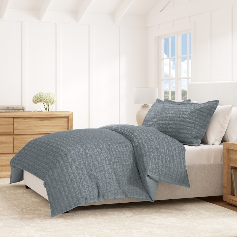 Linery & Co. 100% Cotton Reversible Honeycomb Waffle / Percale Duvet Cover Set - Denim Blue - Queen