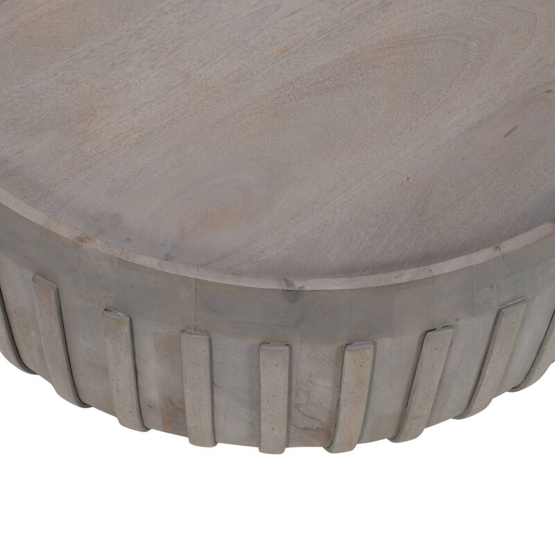 Alisha 36 Inch Coffee Table, Handcrafted Drum Shape with Ribbed Edges, Gray Mango Wood