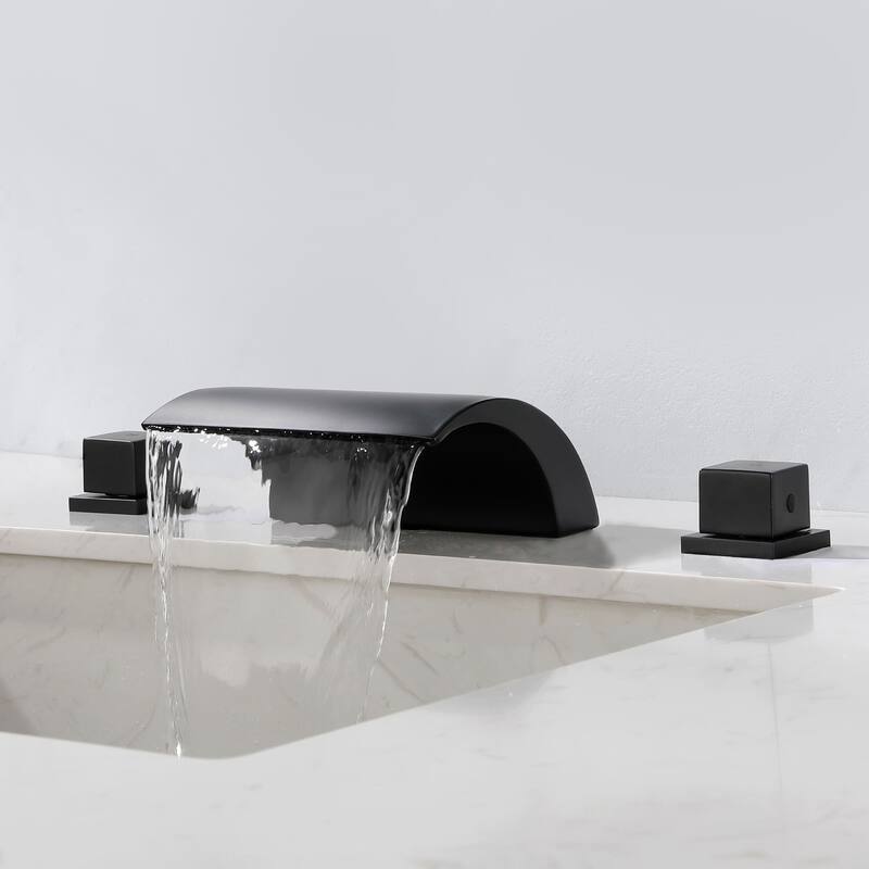 Widespread Bathroom Sink Faucet Waterfall 3 Holes Bathroom Faucet Double Handle 8 Inch Basin Vanity Faucets Deck Mounted Taps - Matte Black