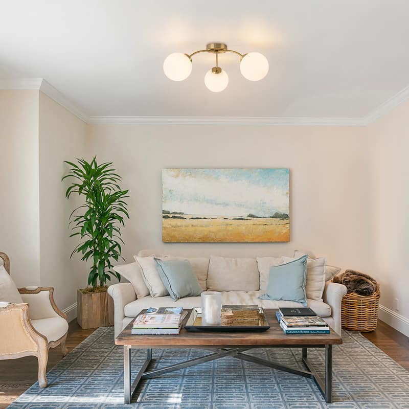 6-Light Brass Semi-Flush Mount Ceiling Light with Opal Glass Shades - 24.2-in W x 9.05-in H